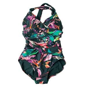 CALIA Sculpt Wrapped One Piece Swimsuit Floral Ruched Front Size 10
